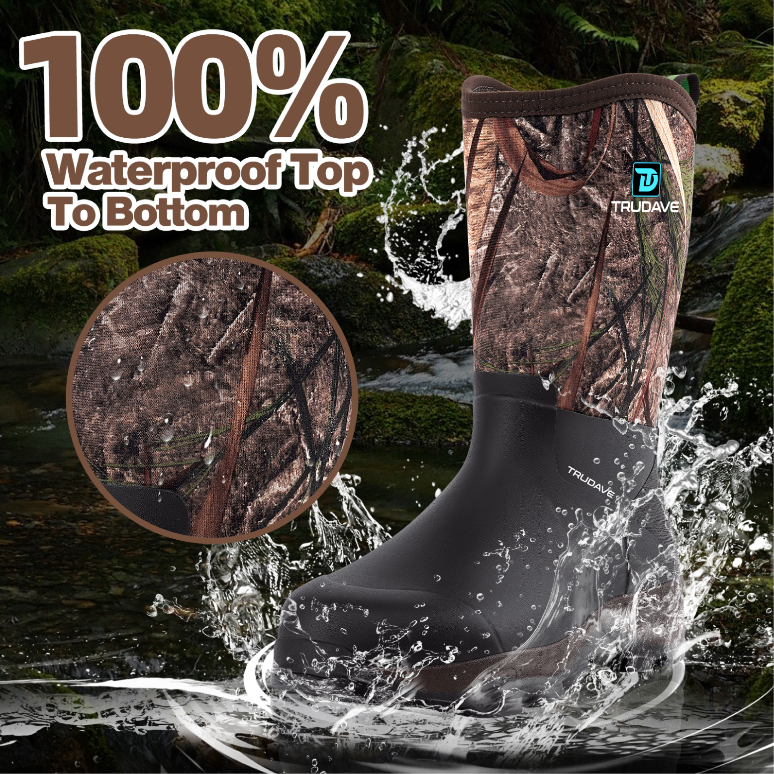 Trudave Men’s Mid-Calf Waterproof Rubber Rain Boots – AquaGuard Series, 100% waterproof hunting and fishing boots with camo upper and durable rubber shell for outdoor wet conditions